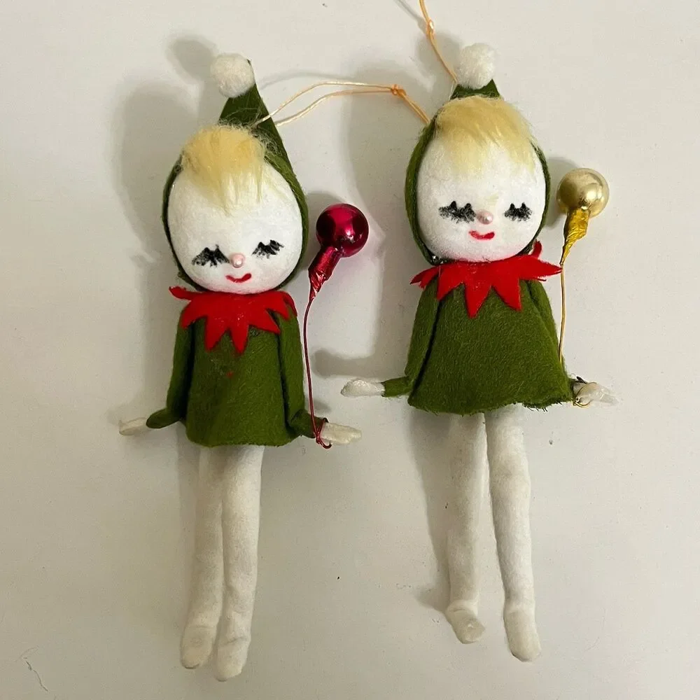 Vintage Flocked Felt Snow Baby Elf Christmas Ornaments Holding Balloons Lot of 2